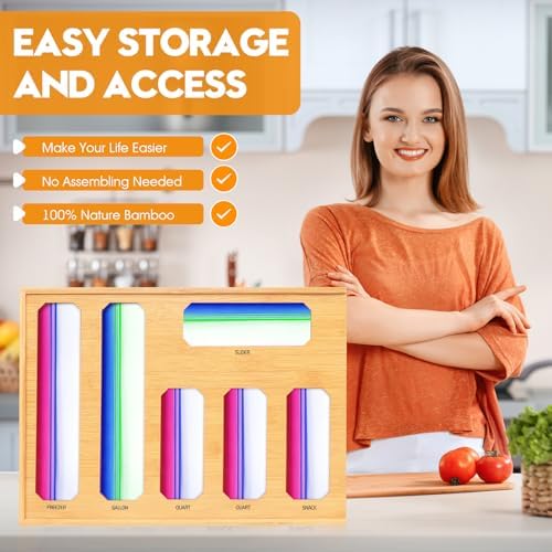 Bamboo Ziplock Bag Organizer for Kitchen Drawer & Wall Mount, Food