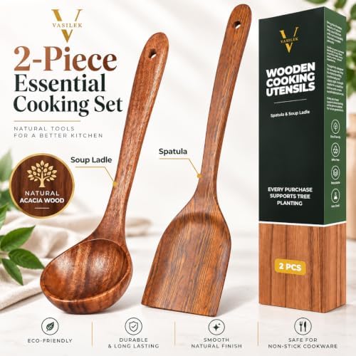 Vasilek Wooden Cooking Utensils, Acacia Wood Spatula & Soup Ladle