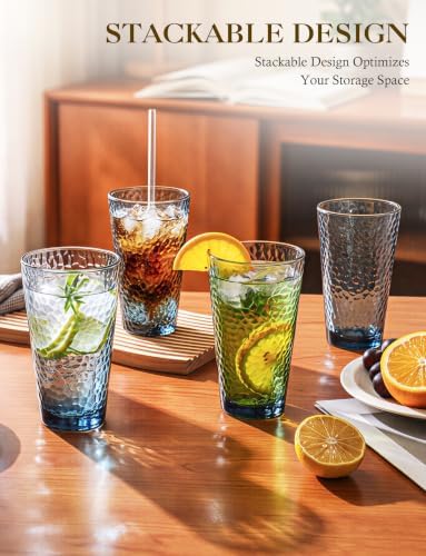 Amyoole Drinking Glasses Set of 8, 16oz Blue Hammered Glass Cup for