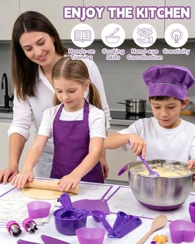 Kids Baking Set with Real Cooking Utensils (Purple)