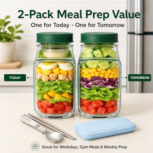 Salad Bowl Jar with Lid, Side Opening Salad Pod Lunch Solution, Free