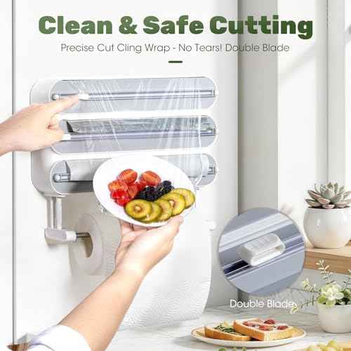 Aluminum Foil & Plastic Wrap Dispenser with Cutter - Magnetic & No-Drill Wall Mount, Cling Film Dispenser with Paper Towel Holder, Space-Saving 4-in-1 Kitchen Organizer - Fits 12" Roll, White