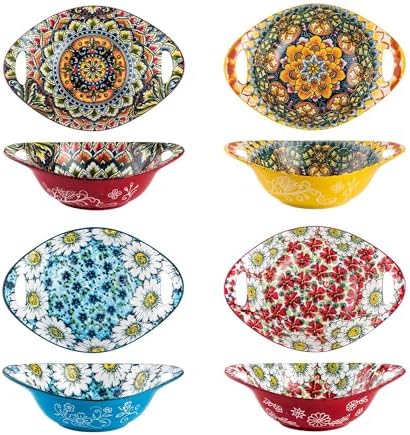 Henten Home Ceramic 19 oz Salad Bowls, Boho Soup Bowl with Handle, Set