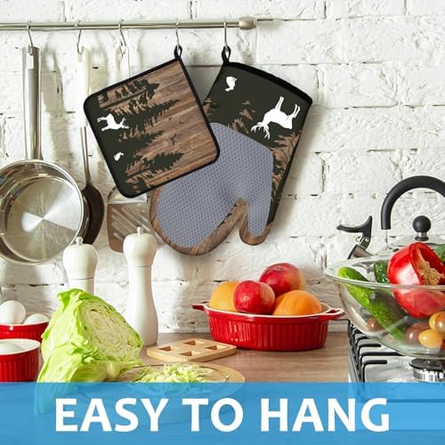 Deer Forest Wood Grain Oven Mitts and Pot Holders Set, 4Pcs