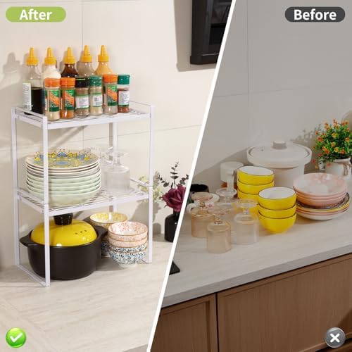 MiaLi Cabinet Organizer Shelf, Set of 2 Metal Counter Shelves Spice Rack, Stackable Kitchen Bathroom Organizers and Storage, White