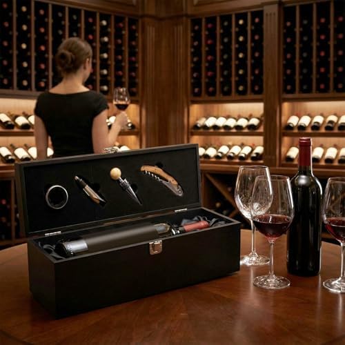 1 Pc Retro Wooden Wine Gift Box with 4 Accessories, Bamboo, Black
