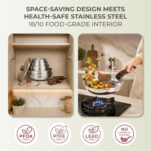 SUNHOUSE 9pcs 3-Ply Clad Stainless Steel Cookware Set w/Detachable Handle