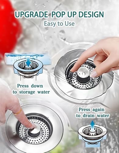 3 in 1 Kitchen Sink Drain Strainer 2 Pack - Stainless Steel Pop Up