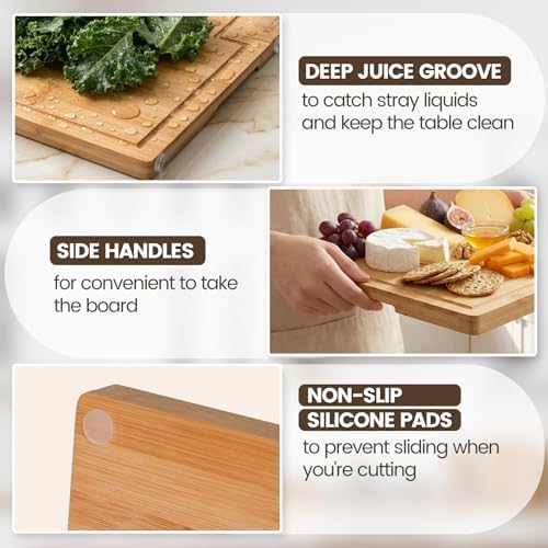 Kikcoin Bamboo Cutting Boards for Kitchen Set of 3, Extra Large Wood