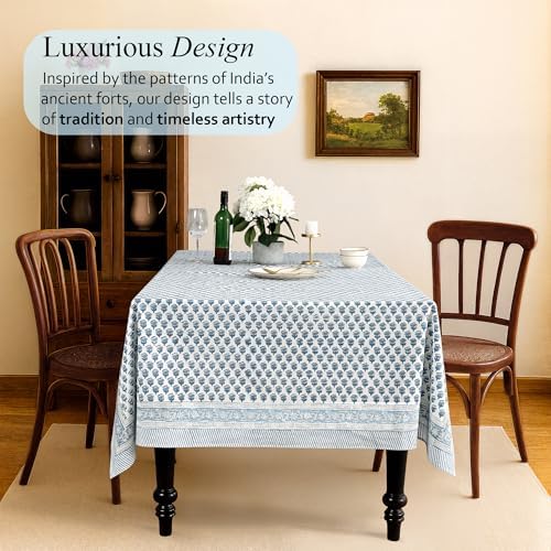 CPC Apatite Blue Block Print 100% Cotton Square Tablecloth 60x60 Inch