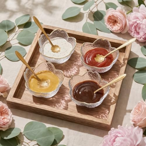3.3“ Small Sakura Dipping Bowls Set with Gold Spoons,Clear Glass Sauce