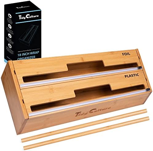 18 Inch Large Foil Wrap Dispenser with Cutter, 2 in 1 Aluminum Butcher Parchment Paper Freezer Tin Wax Cling Foil Plastic Wrap Organizer for Kitchen Drawer Bamboo Saran Storage Roll Holder
