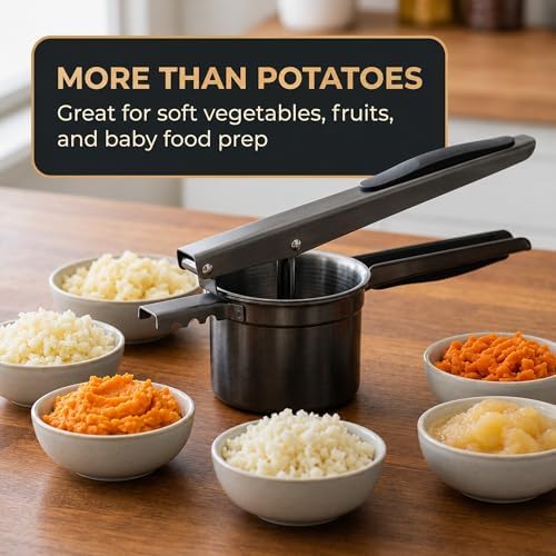 Potato Ricer Stainless Steel (15 oz, Black) - Heavy Duty Potato Masher