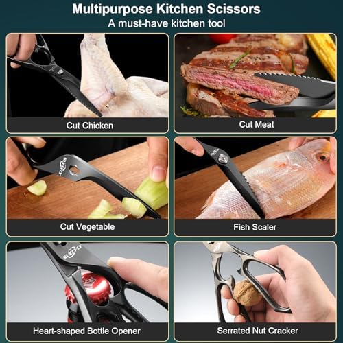 SUCCFLY Heavy Duty Kitchen Scissors for Food Titanium Plated Black