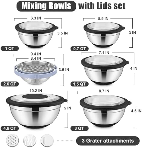 E-far Stainless Steel Mixing Bowls with Lids & Colander, 15PCS