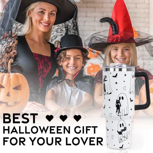 Halloween Tumbler with Lid and Straw 40oz,Gothic Ghosts Cat Vacuum