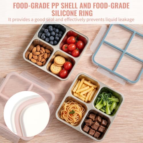 6 Pack Stainless Steel Snack Containers with Lids, 4-Compartment