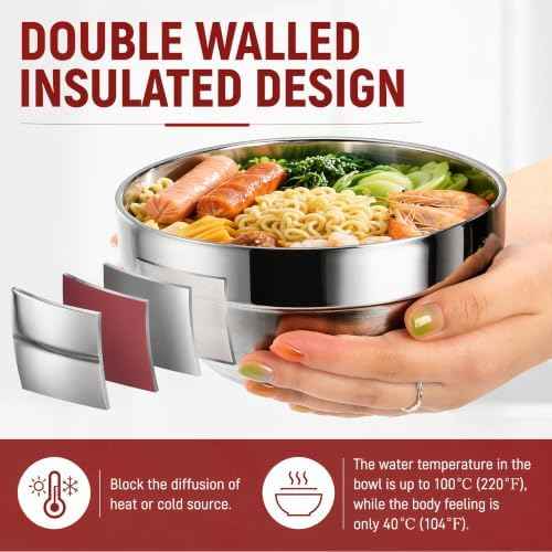 Pumtus 5 Packs 304 Stainless Steel Cereal Bowls, 28 OZ Metal Bowl with Airtight Lid, Leakproof Insulated Ice Cream Bowls, Double Walled Metal Serving Bowl for Soup Noodle Rice Snack