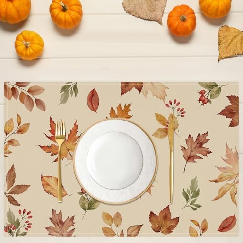 Bonhause Maple Leaves Fall Placemats Set of 4, 12x18 Inch Autumn Decor