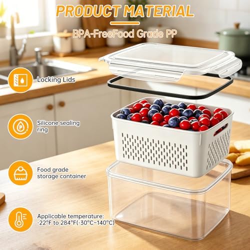 3 Pack Fruit Storage Containers for Fridge with Removable Colander