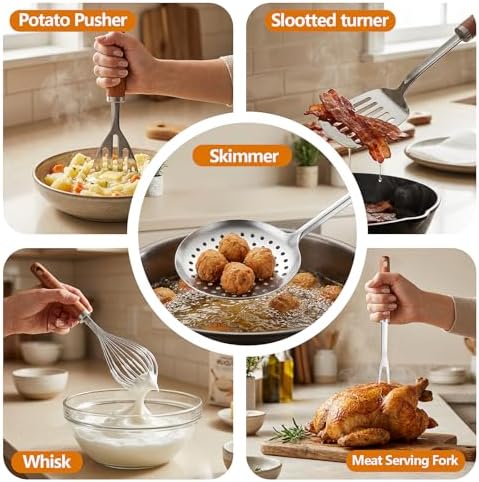 9-Piece Stainless Steel Kitchen Utensil Set with Wooden Handles