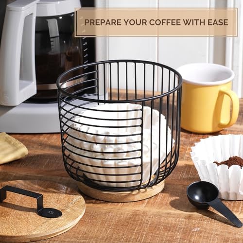 Coffee Filter Holder for Counter with Wooden Lid - Round Black Wire