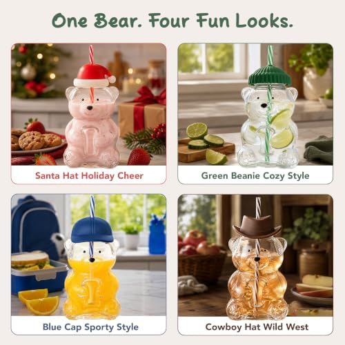 Teddy Bear Glass Cup with 4 Interchangeable Hat Lids & 4 Reusable