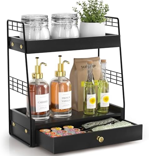 Coffee Bar Station Organizer with Drawer, 2-Tier Countertop Shelf