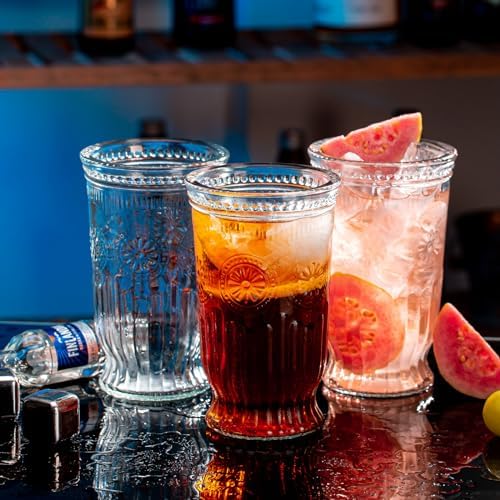 Vintage Drinking Glasses, 8 pcs Embossed Designed Highball Glasses