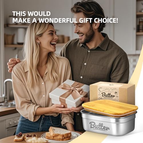 Large Stainless Steel Butter Dish, Airtight Lid, Holds 4 Sticks