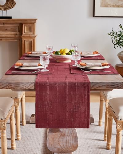 ZeeMart Linen Checked Farmhouse Placemats Set of 6, Burgundy 13x19in