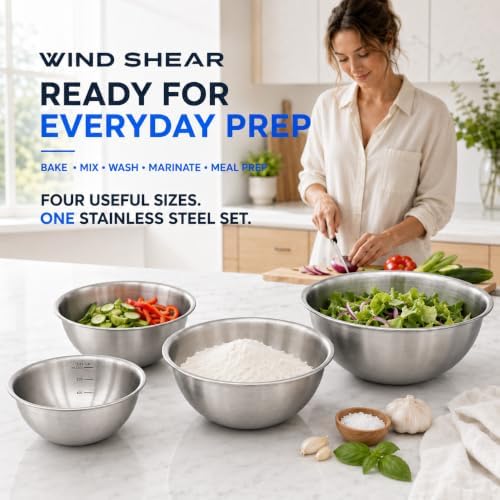 Wind Shear 4-Piece 304 Stainless Steel Mixing Bowls with Measurements