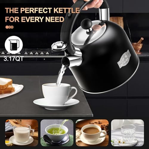 SUSTEAS 3.17QT Black Stainless Steel Whistling Tea Kettle