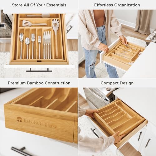 KitchenEdge Bamboo Silverware Drawer Organizer, 14-25 in