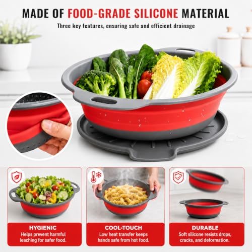 2 Collapsible Colanders with Self-Draining Tray (Red)