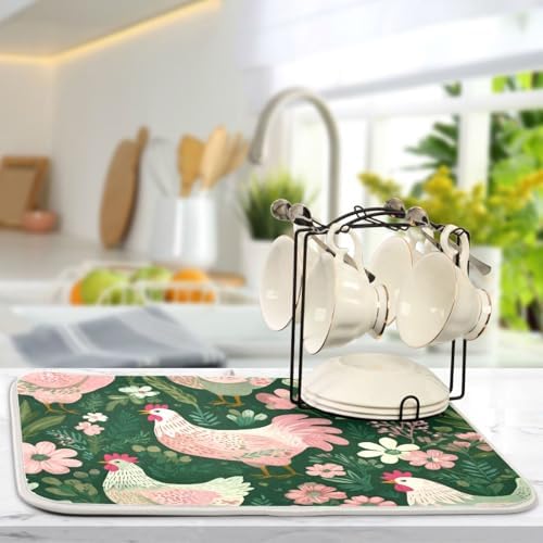 OTVEE Charming Hen Flower Decor Dish Drying Mat for Kitchen Counter