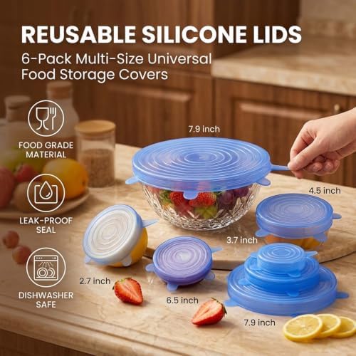 Silicone Stretch Lids, 6 Pack, Reusable Food Covers, Blue