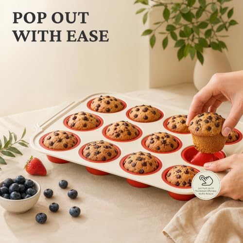 BRONYPRO Silicone Muffin Pan for baking, 12-Cup, Warm Oat and Classic