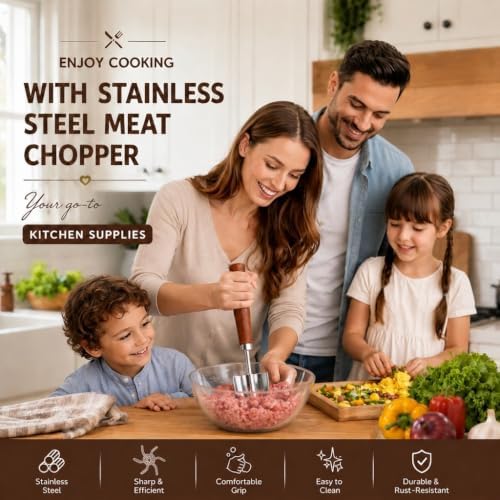 Stainless Steel Meat Masher & Potato Masher, 6 Blades Ground Beef