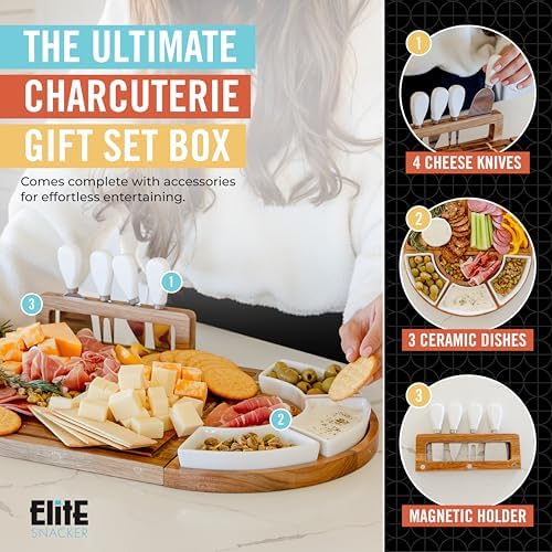 Elite Snacker Large Charcuterie Board Set, Acacia Wood, Natural Oil Finish