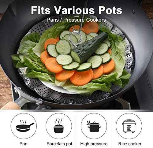 Stainless Steel Steamer Basket, Vegetable Steamer Basket for Instant Pot, Insert for Veggie/Seafood Cooking/Boiled Eggs with Safety Tool - Adjustable Sizes to fit Various Pots (5.1" to 9.5")