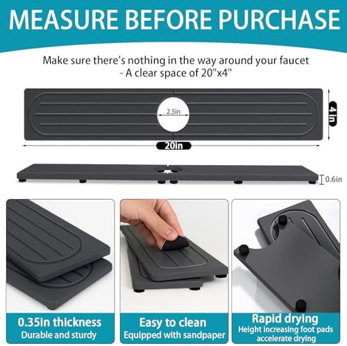 Fast Drying Stone Faucet Mat for Kitchen Sink with Raised Feet, Water