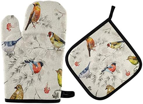 QMXO Retro Spring Summer Birds Oven Mitts Quilted Cotton Lining