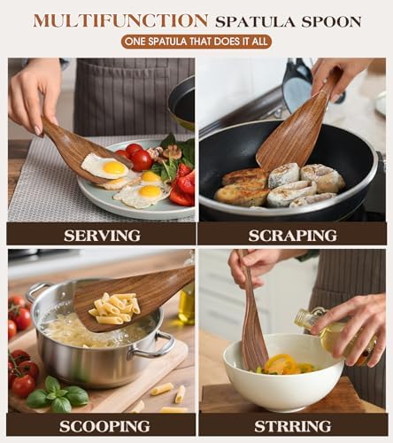 2Pcs Wooden Spatula Spoon, Multifunction Cooking Spoon for Nonstick