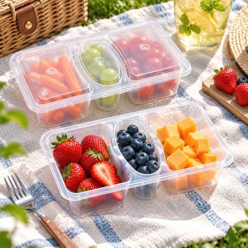 HI-REEKE 8 OZ New 3 Compartment Snack Containers, 20 Sets Bigger