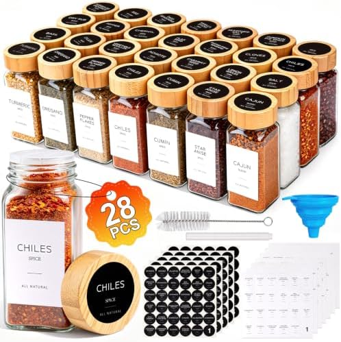 28PCS Spice Jars with Label, 4oz Glass Seasoning Containers with
