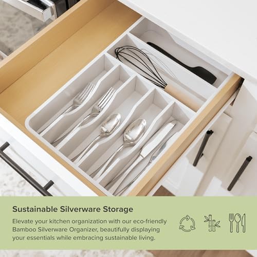 KitchenEdge Silverware & Utensil Organizer | White Bamboo, Fixed
