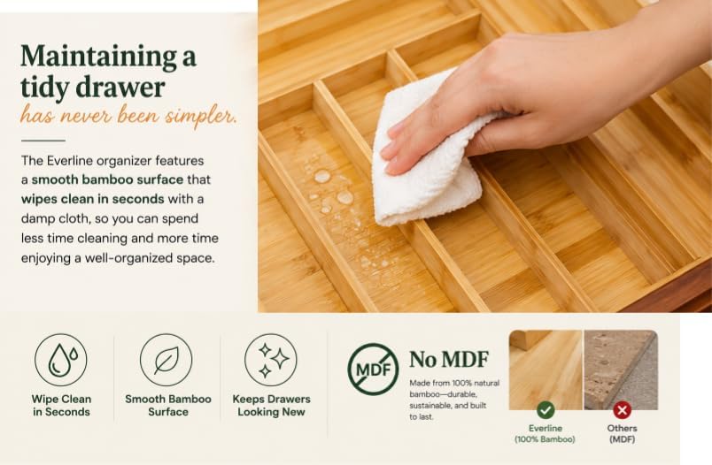 EVERLINE Expandable Bamboo Drawer Organizer for Kitchen Utensils