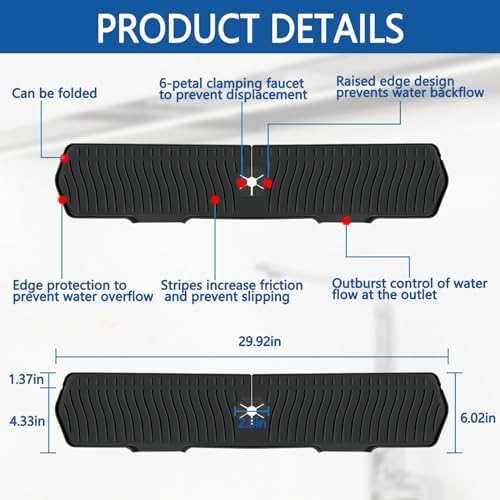 Kitchen Sink Splash Guard Gen2-30" x 6'' Silicone Sink Mat Splash