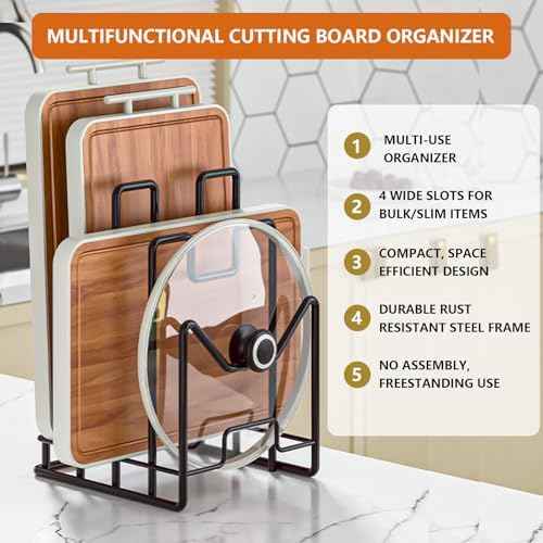 Multifunctional Cutting Board Organizer, Cutting Board Holder Rack Baking Cookie Pan Sheets Cooling Racks Storage Stand for Kitchen Cabinet -Divided Holder with 4 Slots (2PS Black)